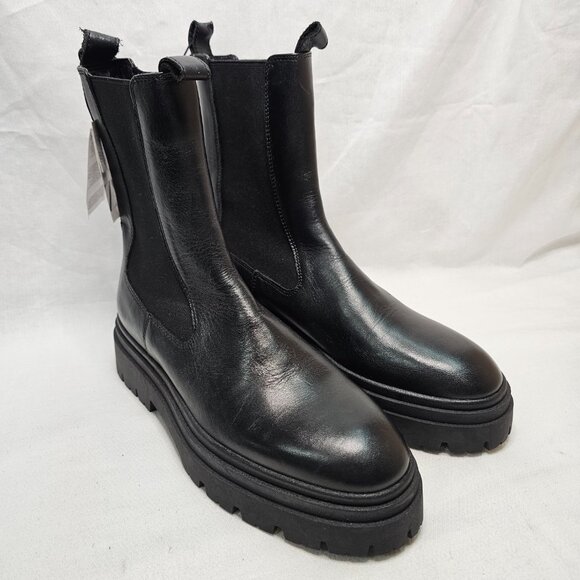 NEW Zara Z1B Chunky Black Leather Chelsea Pull On Boots Women's Size: 39 US 8 - Picture 3 of 11